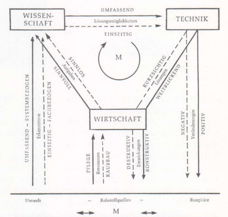 Systemdiagramm zum Zusammenhang zwischen Wissenschaft, Technik und Wirtschaft, mit dem Menschen im Mittelpunkt der drei